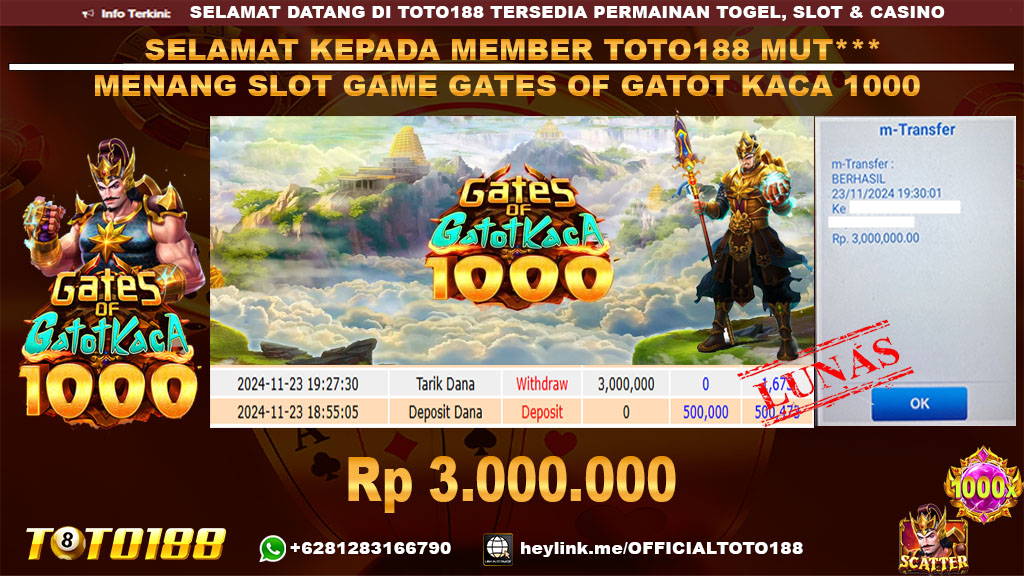 Bukti JP Kemenangan SLOT GAME GATES OF GATOT KACA 1000 23 NOV 24