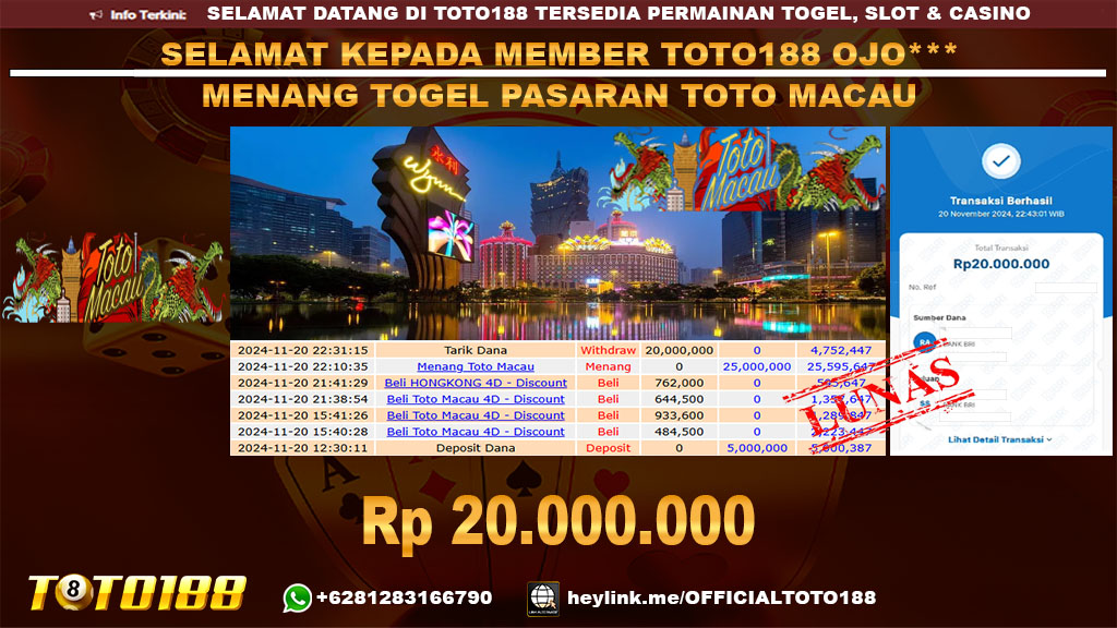 Bukti JP Kemenangan TOGEL PASARAN TOTO MACAU 20 NOV 24