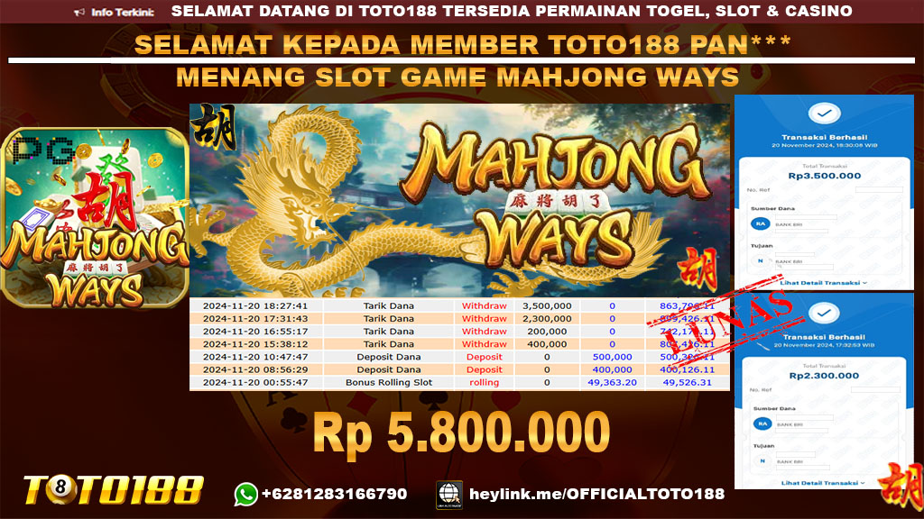 Bukti JP Kemenangan SLOT GAME MAHJONG WAYS 20 NOV 24