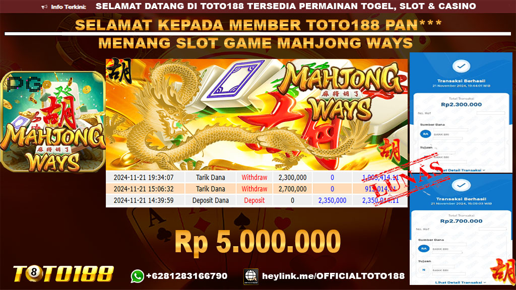 Bukti JP Kemenangan SLOT GAME MAHJONG WAYS 21 NOV 24