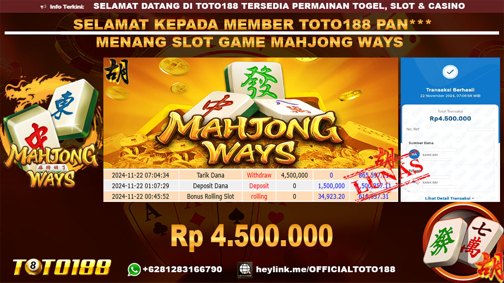 Bukti JP Kemenangan SLOT GAME MAHJONG WAYS 22 NOV 24