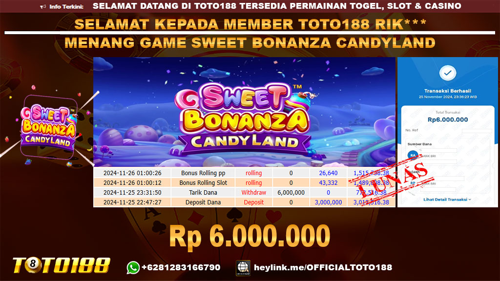 Bukti JP Kemenangan SWEET BONANZA CANDYLAND 25 NOV 2024