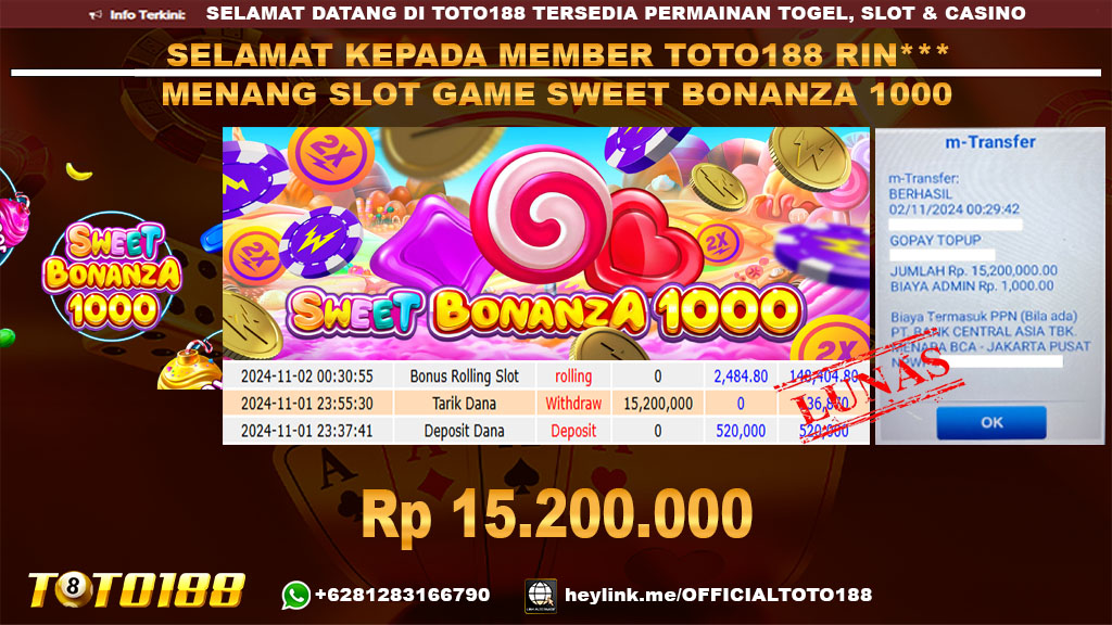 Bukti JP Kemenangan SLOT GAME SWEET BONANZA 1000 02 NOV 24