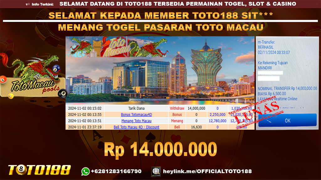 Bukti JP Kemenangan TOGEL PASARAN TOTO MACAU 02 NOV 24