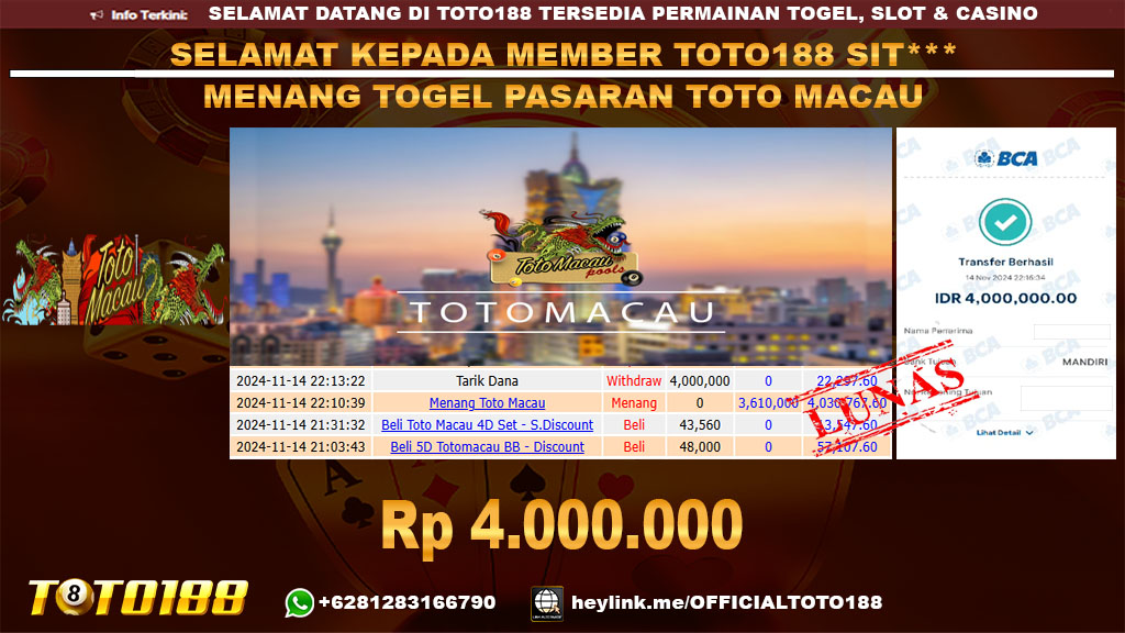 Bukti JP Kemenangan TOGEL PASARAN TOTO MACAU 14 NOV 24