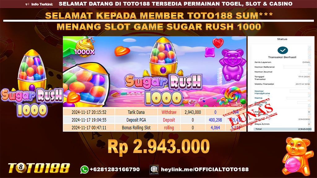 Bukti JP Kemenangan SLOT GAME SUGAR RUSH 1000 17 NOV 24