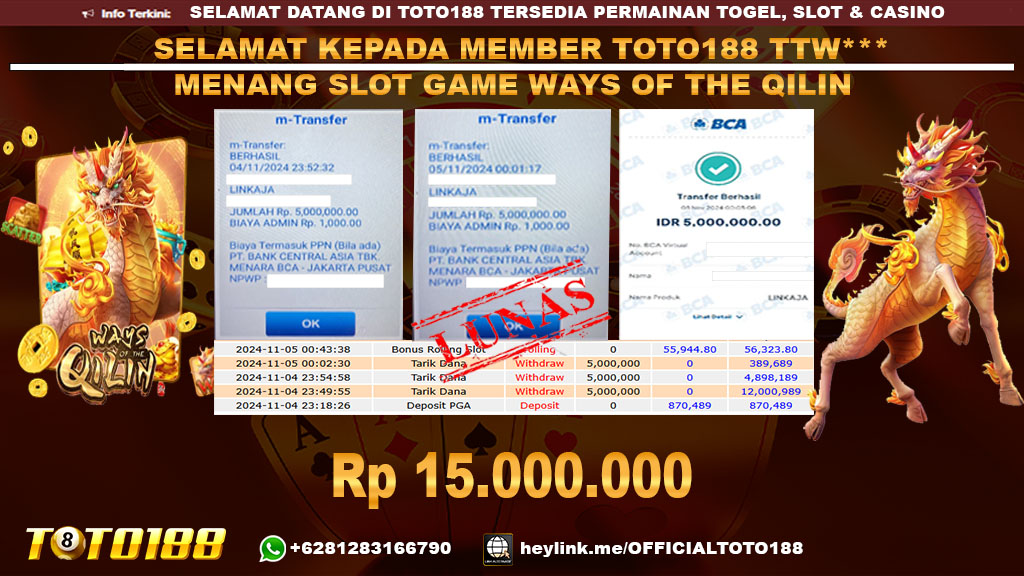 Bukti JP Kemenangan SLOT GAME WAYS OF THE QILIN 04 NOV 24