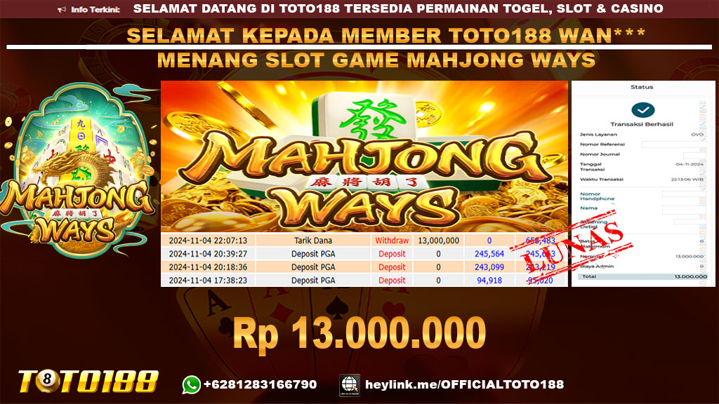 Bukti JP Kemenangan SLOT GAME MAHJONG WAYS 04 NOV 24
