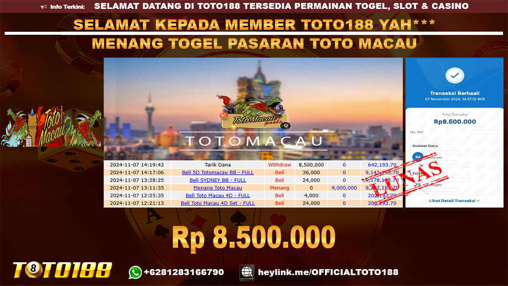 Bukti JP Kemenangan TOGEL PASARAN TOTO MACAU 07 NOV 24