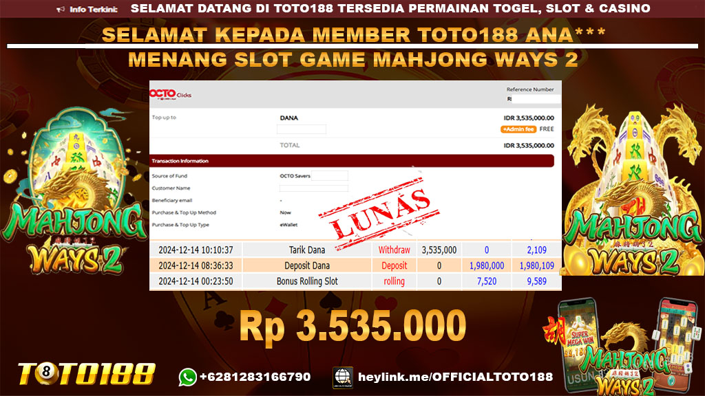 Bukti JP Kemenangan SLOT GAME MAHJONG WAYS2 14 DES 24