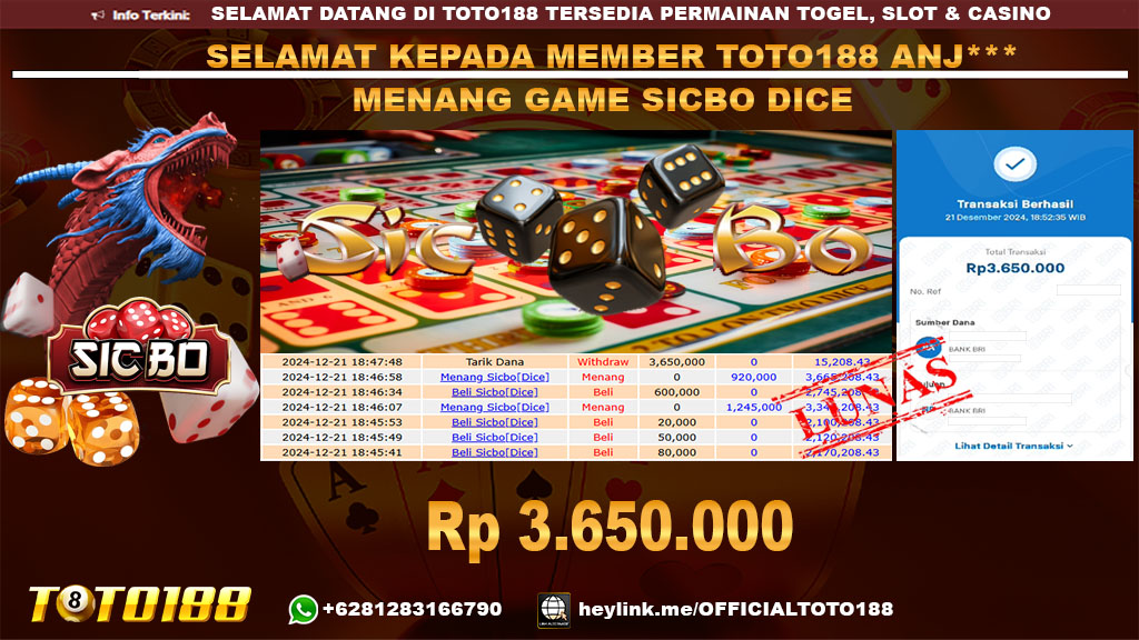Bukti JP Kemenangan SICBO DICE GAMES 21 DES 24