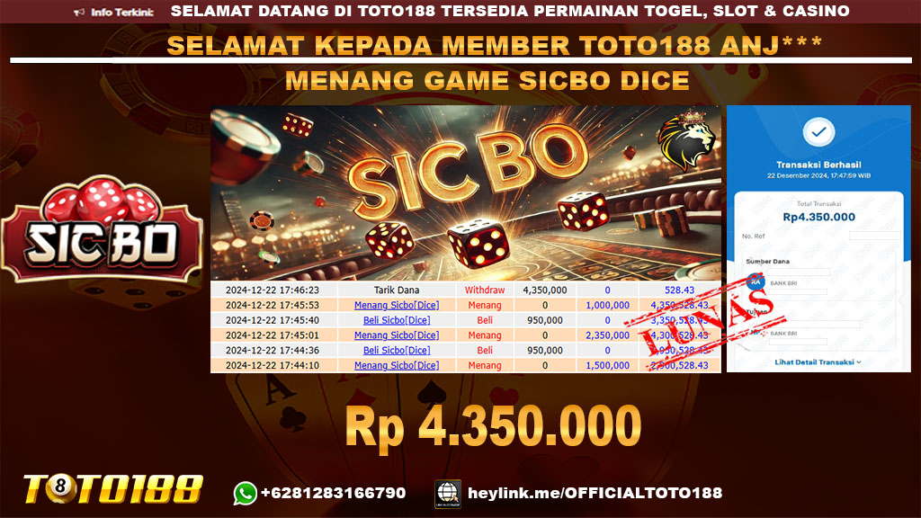 Bukti JP Kemenangan SICBO DICE GAMES 22 DES 24