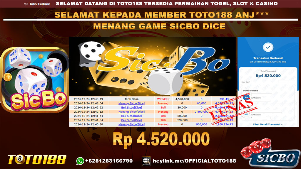 Bukti JP Kemenangan SICBO DICE GAMES 24 DES 24