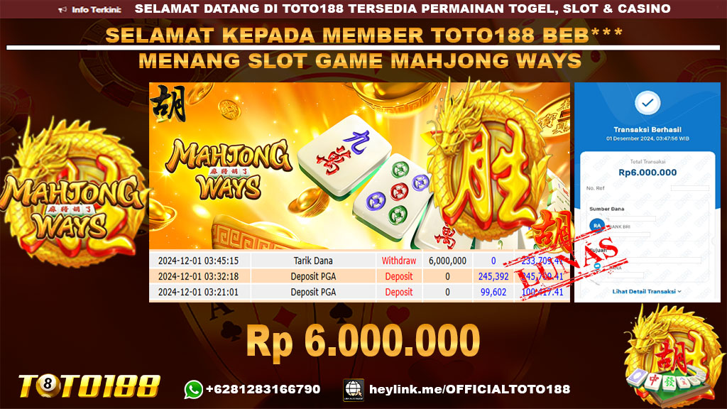 Bukti JP Kemenangan SLOT GAME MAHJONG WAYS 01 DES 24