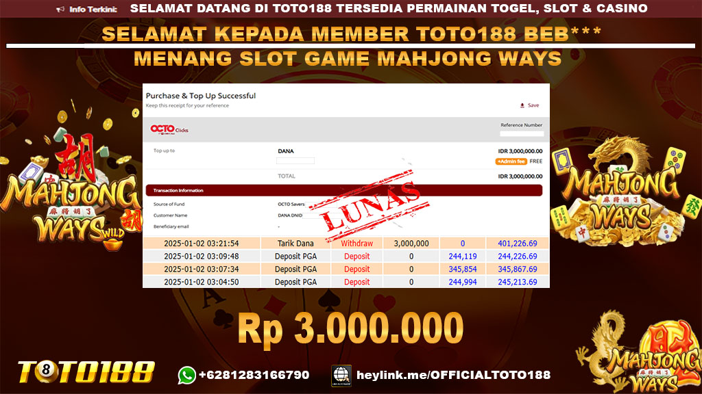 Bukti JP Kemenangan SLOT GAME MAHJONG WAYS 02 JAN 25