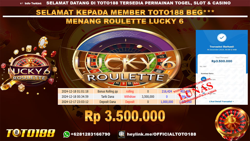 Bukti JP Kemenangan GAME ROULETTE LUCKY 6 18 DES 24