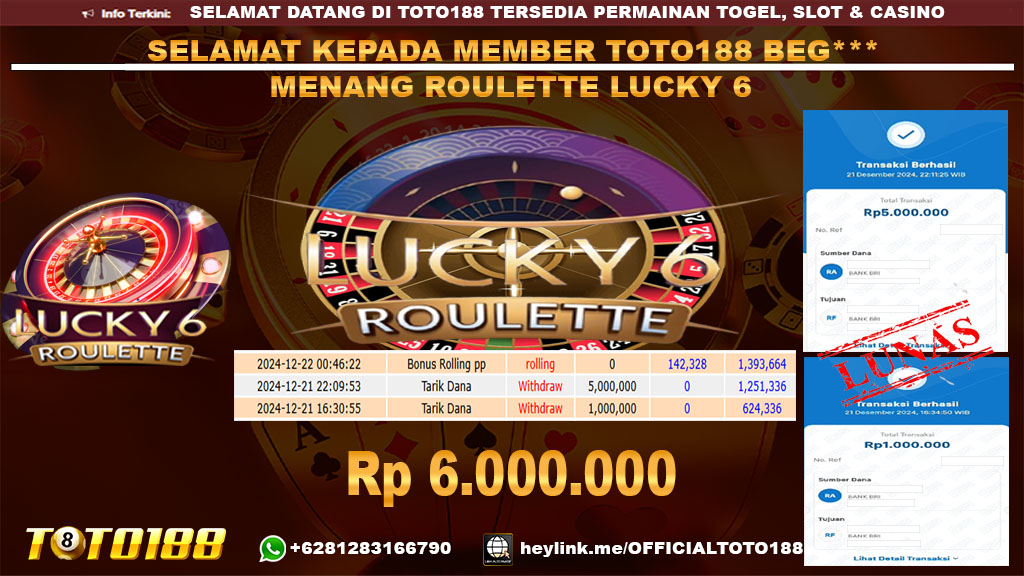 Bukti JP Kemenangan GAME ROULETTE LUCKY 6 21 DES 24