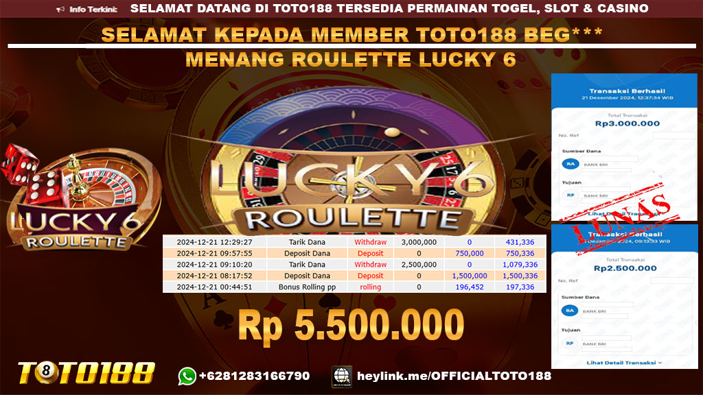 Bukti JP Kemenangan GAME ROULETTE LUCKY 6 21 DES 24