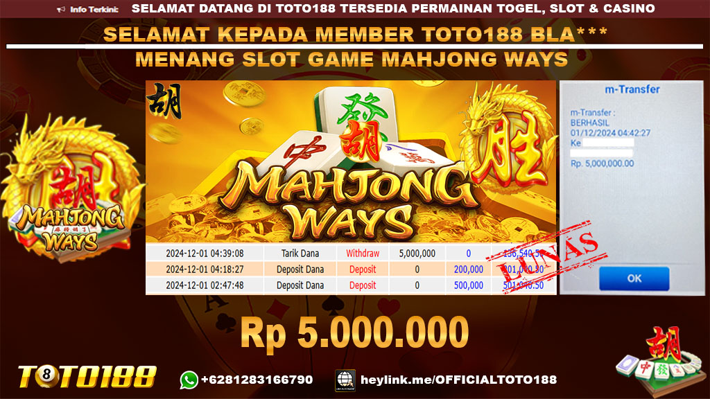 Bukti JP Kemenangan SLOT GAME MAHJONG WAYS 01 DES 24