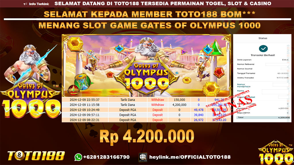 Bukti JP Kemenangan SLOT GAME GATES OF OLYMPUS 1000 09 DES 24
