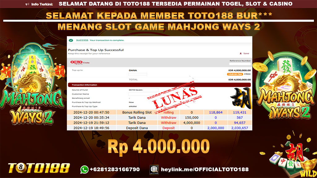 Bukti JP Kemenangan SLOT GAME MAHJONG WAYS2 19 DES 24