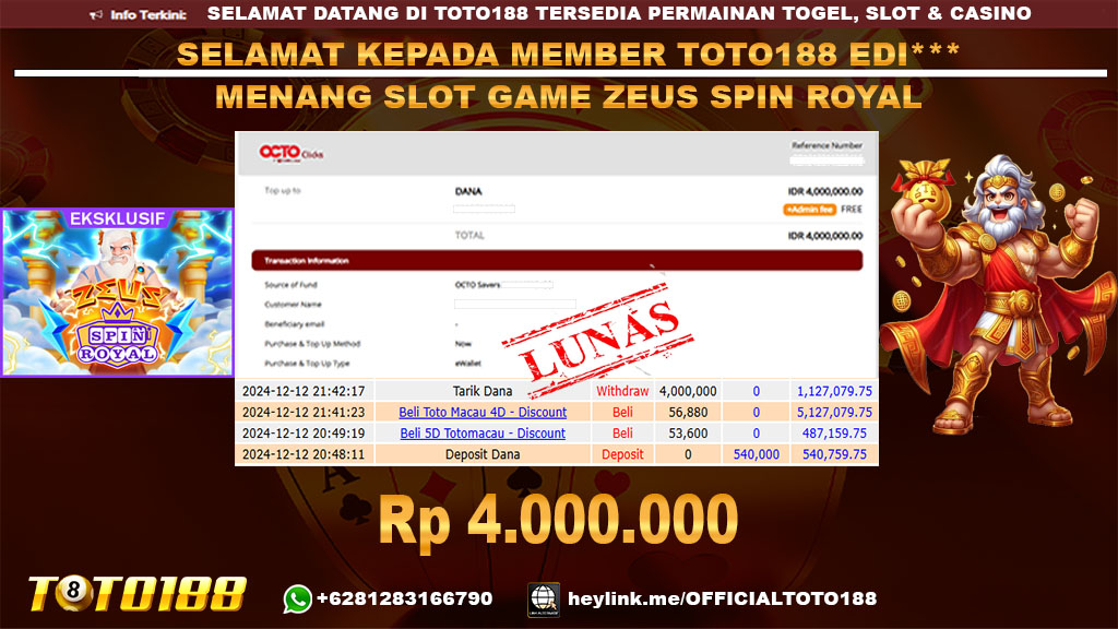 Bukti JP Kemenangan SLOT GAME ZEUS SPIN ROYAL 12 DES 24