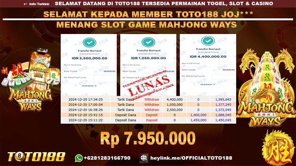 Bukti JP Kemenangan SLOT GAME MAHJONG WAYS 20 DES 24
