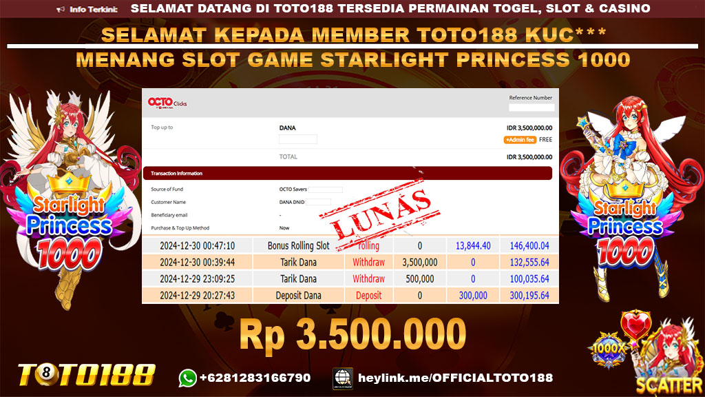 Bukti JP Kemenangan SLOT GAME STARLIGHT PRINCESS 1000 30 DES 24