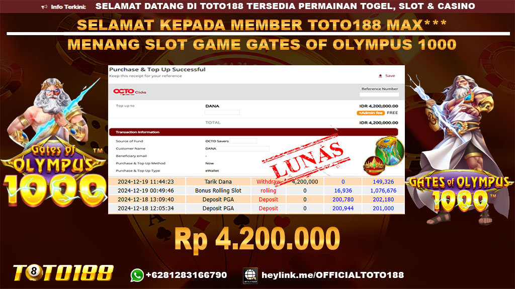 Bukti JP Kemenangan SLOT GAME GATES OF OLYMPUS 1000 19 DES 24