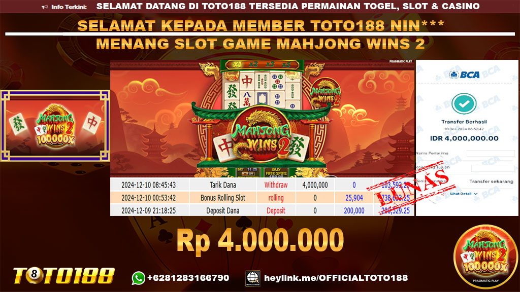 Bukti JP Kemenangan SLOT GAME MAHJONG WINS2 10 DES 24