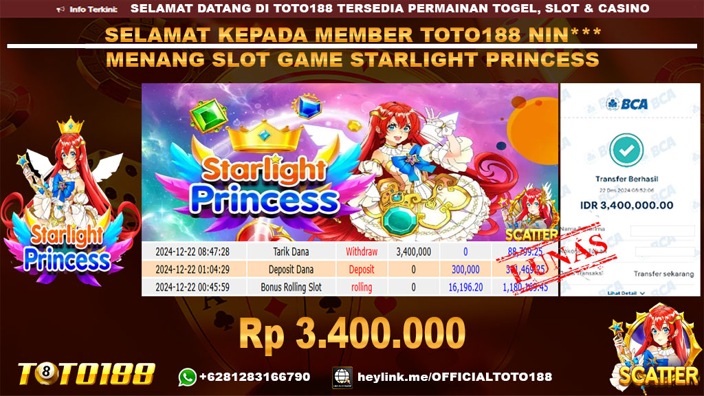 Bukti JP Kemenangan SLOT GAME STARLIGHT PRINCESS 22 DES 24
