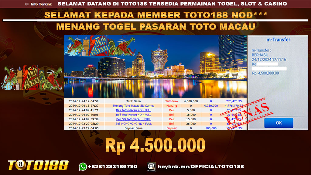 Bukti JP Kemenangan TOGEL PASARAN TOTO MACAU 24 DES 24