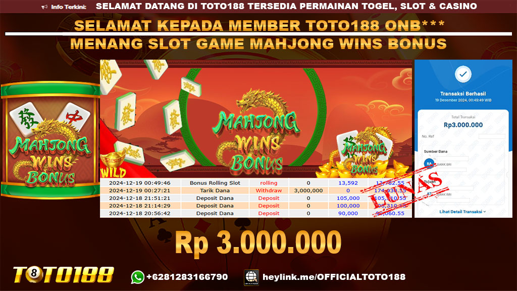 Bukti JP Kemenangan SLOT GAME MAHJONG WINS BONUS 19 DES 24