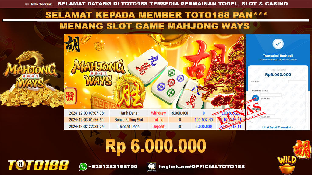 Bukti JP Kemenangan SLOT GAME MAHJONG WAYS 03 DES 24