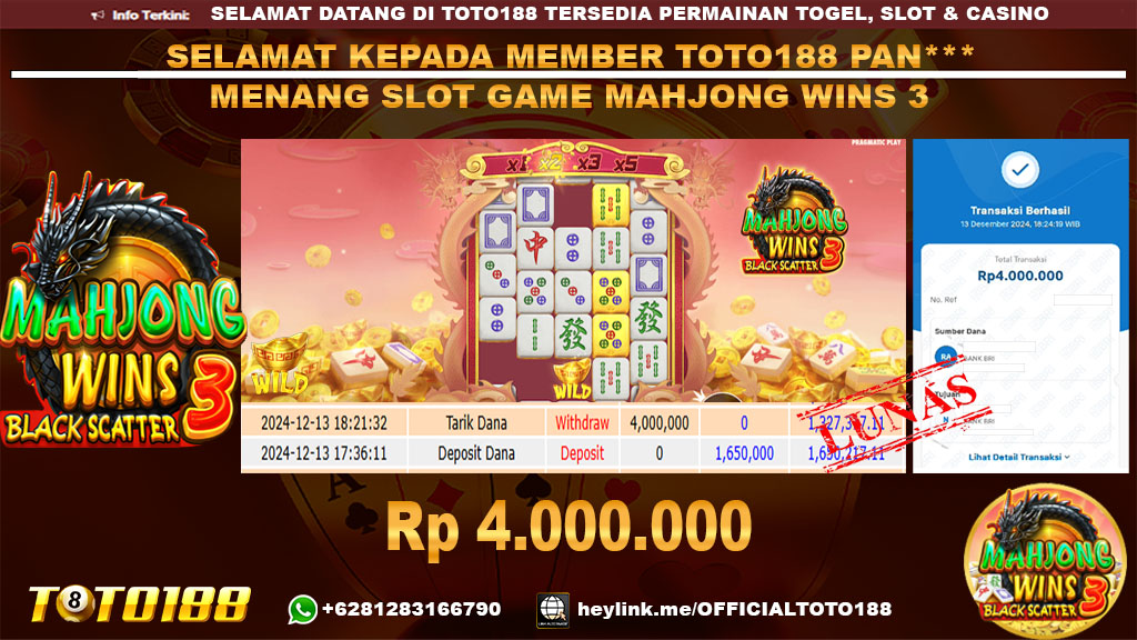 Bukti JP Kemenangan SLOT GAME MAHJONG WINS3 13 DES 24