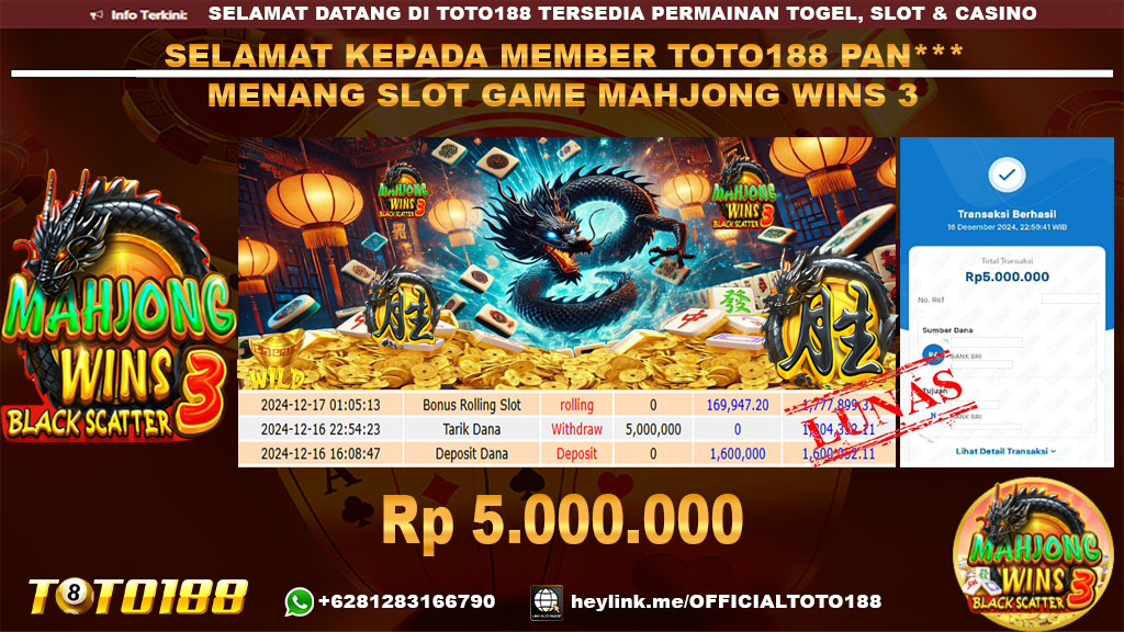 Bukti JP Kemenangan SLOT GAME MAHJONG WINS3 16 DES 24