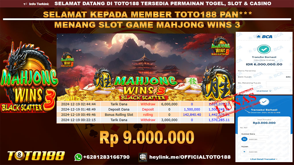 Bukti JP Kemenangan SLOT GAME MAHJONG WINS3 19 DES 24