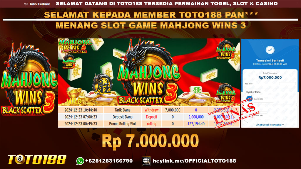 Bukti JP Kemenangan SLOT GAME MAHJONG WINS3 23 DES 24