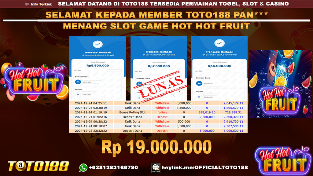Bukti JP Kemenangan SLOT GAME HOT HOT FRUIT 24 DES 24