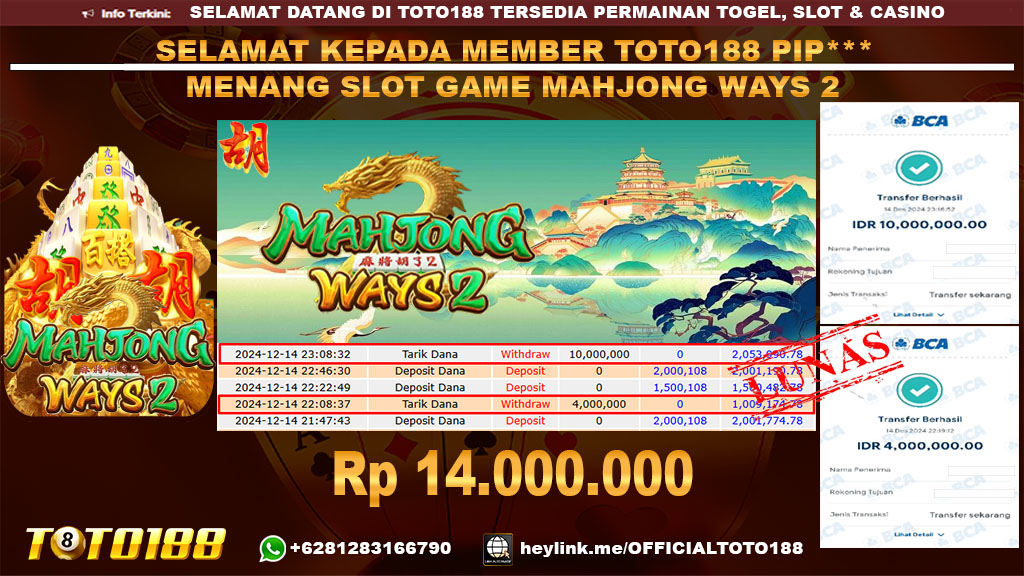 Bukti JP Kemenangan SLOT GAME MAHJONG WAYS2 14 DES 24