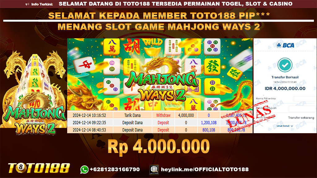 Bukti JP Kemenangan SLOT GAME MAHJONG WAYS2 14 DES 24