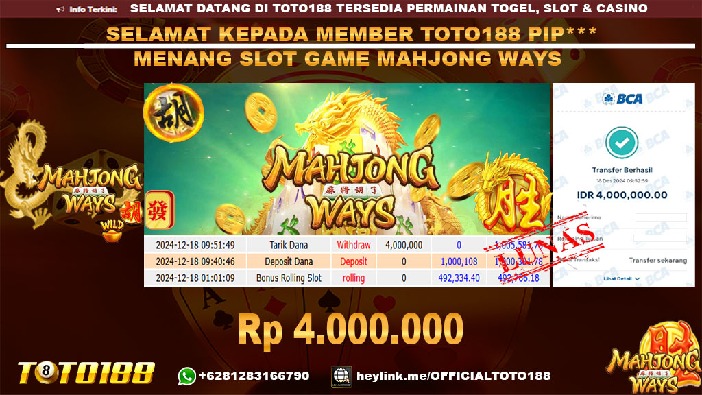 Bukti JP Kemenangan SLOT GAME MAHJONG WAYS 18 DES 24