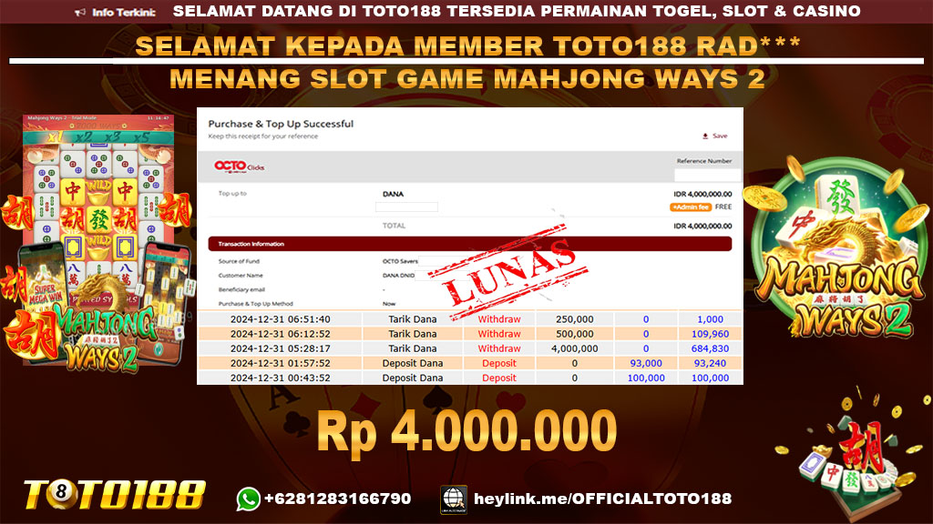 Bukti JP Kemenangan SLOT GAME MAHJONG WAYS2 31 DES 24