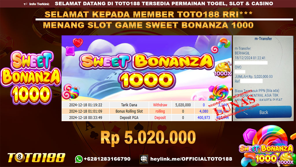 Bukti JP Kemenangan SLOT GAME SWEET BONANZA 1000 18 DES 24