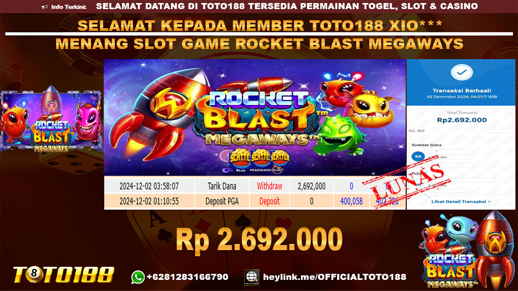 Bukti JP Kemenangan SLOT GAME ROCKET BLAST MEGAWAYS 02 DES 24
