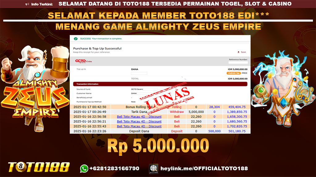 Bukti JP Kemenangan GAME ALMIGHTY ZEUS EMPIRE 17 JAN 25