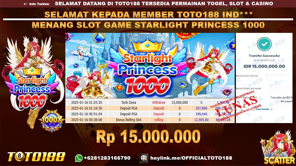 Bukti JP Kemenangan SLOT GAME STARLIGHT PRINCESS 1000 16 JAN 25