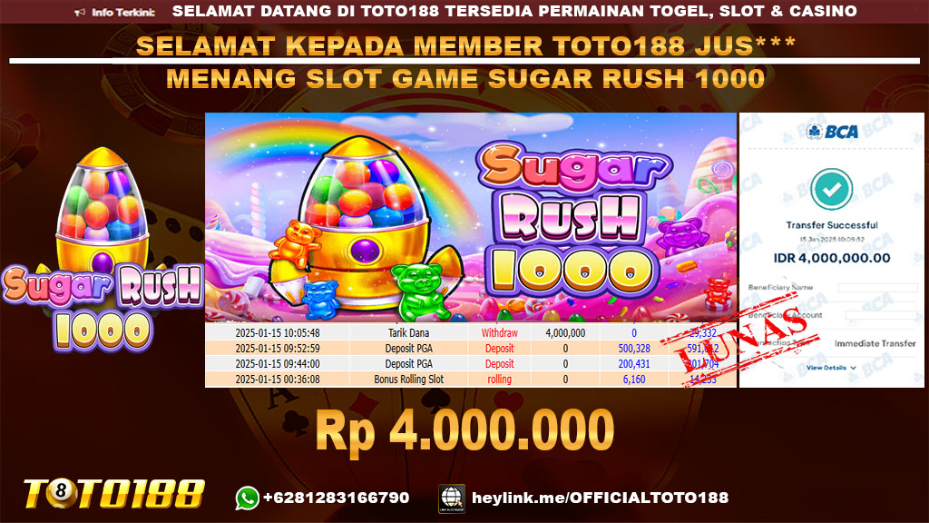 Bukti JP Kemenangan SLOT GAME SUGAR RUSH 1000 15 JAN 25