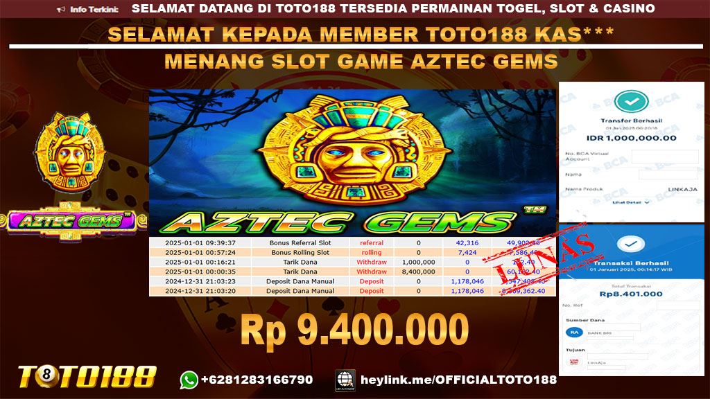 Bukti JP Kemenangan SLOT GAME AZTEC GEMS 01 JAN 25