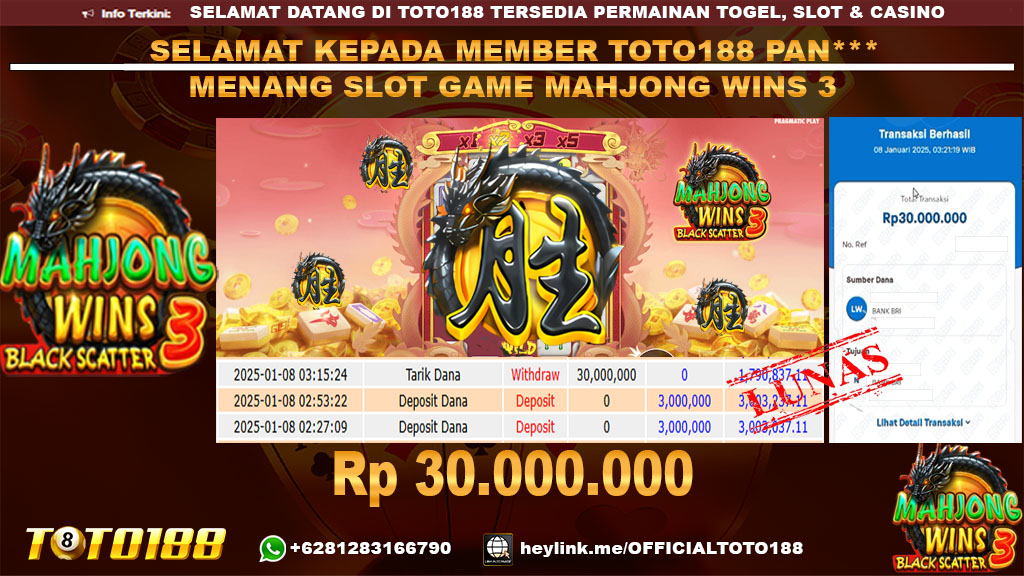 Bukti JP Kemenangan SLOT GAME MAHJONG WINS3 08 JAN 25